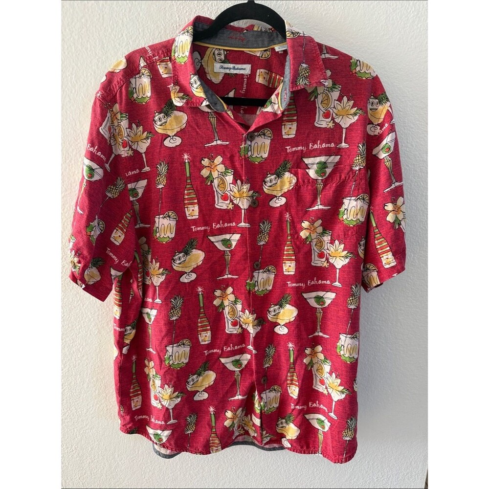 Tommy Bahama Silk Red Martini Tropical Cocktail Camp Shirt Size L
